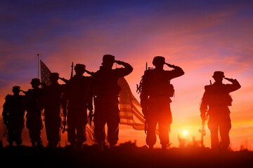 Fototapeta premium USA army soldiers saluting on a background of sunset or sunrise and USA flag.