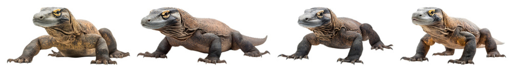 Obraz premium Four Komodo Dragons In Different Poses Against A Transparent Background Featuring Their Scaly Skin And Powerful Build Transparent Background