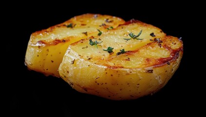Close-up of two slices of roasted potato, golden brown, seasoned with herbs