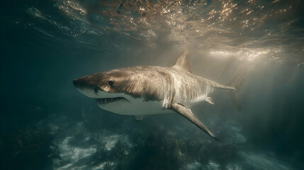 Naklejka premium Great White Shark Swimming Underwater with Sun Rays