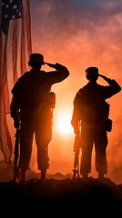 Obraz premium USA army soldiers saluting on a background of sunset or sunrise and USA flag.