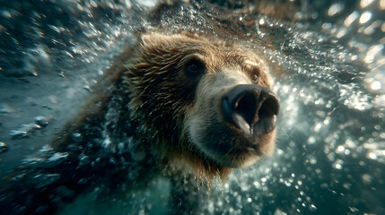 Fototapeta premium Bear Swimming Underwater with Bubbles, Wild Animal in Water