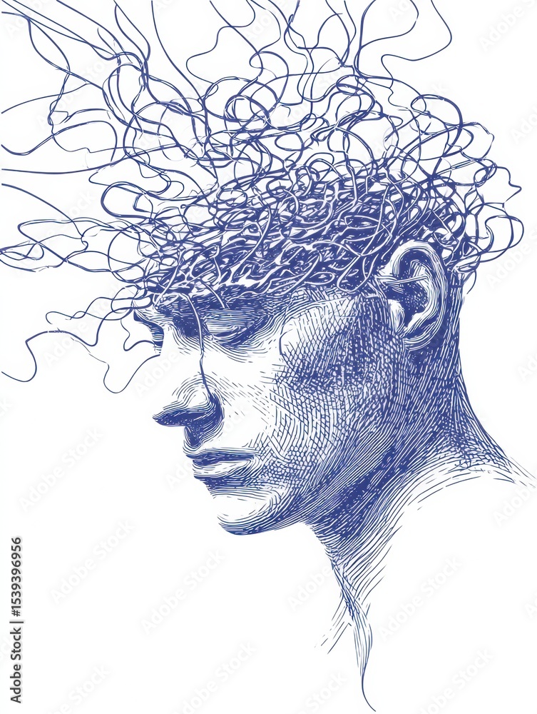 Poster Stylized Human Head With Chaotic Lines Exploding From Temple, Symbolizing the Experience of Anxiety and Stress in a Visual Representation of Feeling Overwhelmed