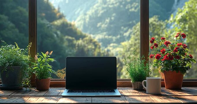 Laptop computer on wooden desk, surrounded by potted plants and a mug, with a scenic mountain view through a large window. Natural light illuminates the scene
