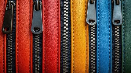Close-up view of multicolored zippers on leather.