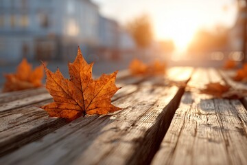 Autumn Leaves Falling on Wooden Planks Outdoor Setting Natural Beauty Warm Evening Light