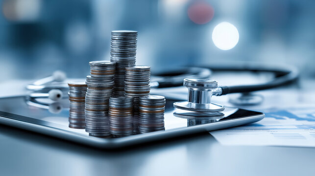 Stacks of coins on digital tablet with stethoscope symbolize intersection of healthcare and technology investment, highlighting financial growth and innovation in medical field - Powered by Adobe
