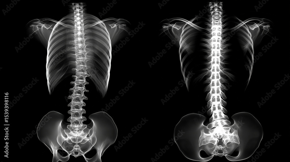 Poster X ray images of human spine and ribcage showing skeletal structure and alignment. images display vertebral column, ribs, and pelvis, highlighting bone density and potential abnormalities
