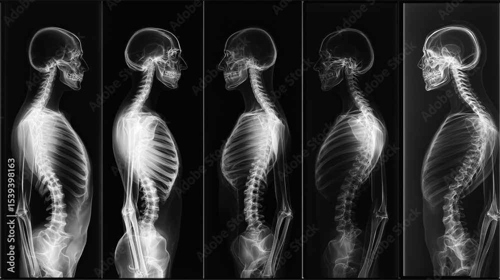 Poster x ray images of human skeletons in various positions, showcasing spine and skull. images highlight s