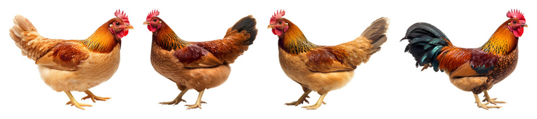 Fototapeta premium Four Chickens Three Hens And One Rooster Are Standing Side By Side On A Transparent Background All Facing Left