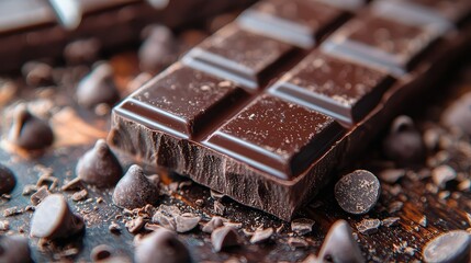 Close-up view of a dark chocolate bar and pieces.