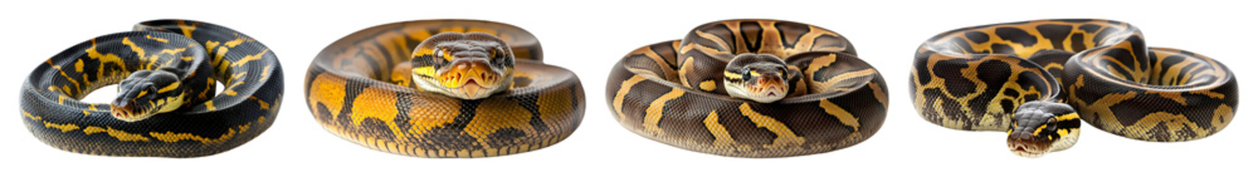 Four Ball Pythons Coiled With Patterned Scales Of Brown And Yellow Displaying Their Heads Isolated Transparent Background