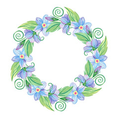 Wreath, round frame, template of forget-me-not flower, bud, tendril, leaf, abstract fantasy blue flower, garden botany, collection of floral illustration. Hand drawn watercolor single isolated object