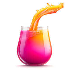 Mango juice poured in a glass vase, vibrant pink and orange hues, isolated on white background.