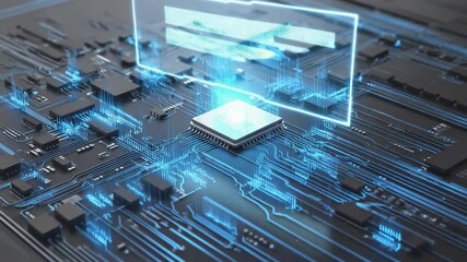 Futuristic microprocessor with holographic display projecting data from glowing circuit board. - Powered by Adobe