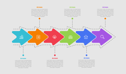 arrow shape infographic diagram with small arrow stacked on horizontal direction with 6 step for slide presentation