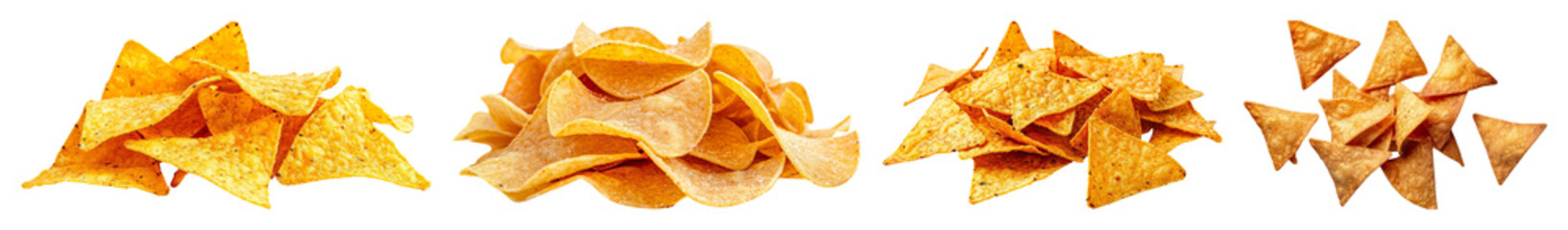 Multiple Piles Of Tortilla Chips And Potato Crisps Assorted Shapes And Flavors On A Transparent Background Ready To Isolate