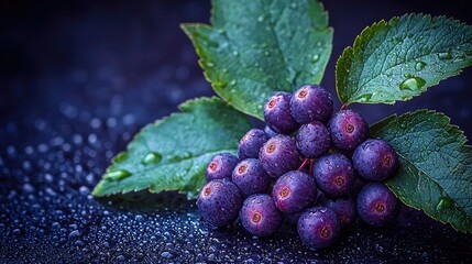 Close-up of dark purple berries with leaves.