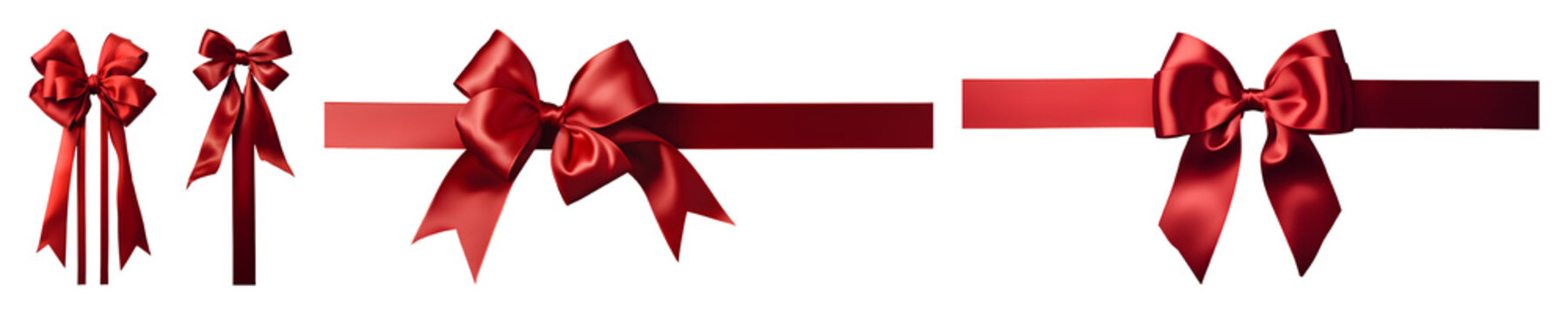 Three Realistic Red Satin Ribbon Bows Are Displayed Isolated Against A Transparent Background Showcasing Different Bow Styles