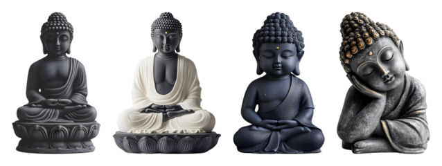 Four Buddha Statues In Meditation Pose One Lying Down Diverse Designs And Gray Tones Against Transparent Background