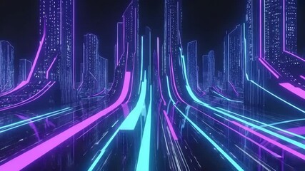 Neon-lit futuristic cityscape with dynamic glowing data streams weaving through towering digital skyscrapers, illustrating high-speed connectivity. - Powered by Adobe