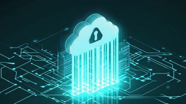 Futuristic illuminated cloud lock hovers above servers, streaming encrypted data paths, illustrating secure cloud computing and protected data.