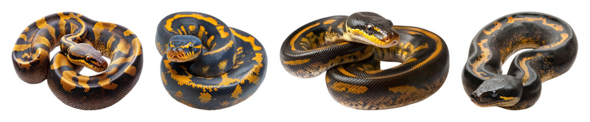 Obraz premium Four Coiled Snakes Exhibit Dark Patterned Scales And Vibrant Yellow Markings Set Against A Transparent Background