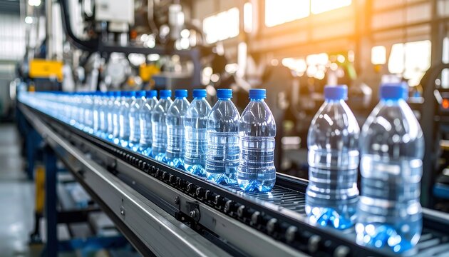 Water bottles on factory conveyor.