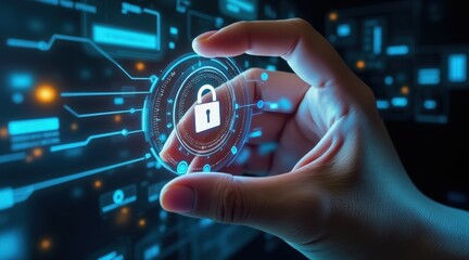 cyber privacy rights concept. Secure digital lock held by a hand against a tech background.