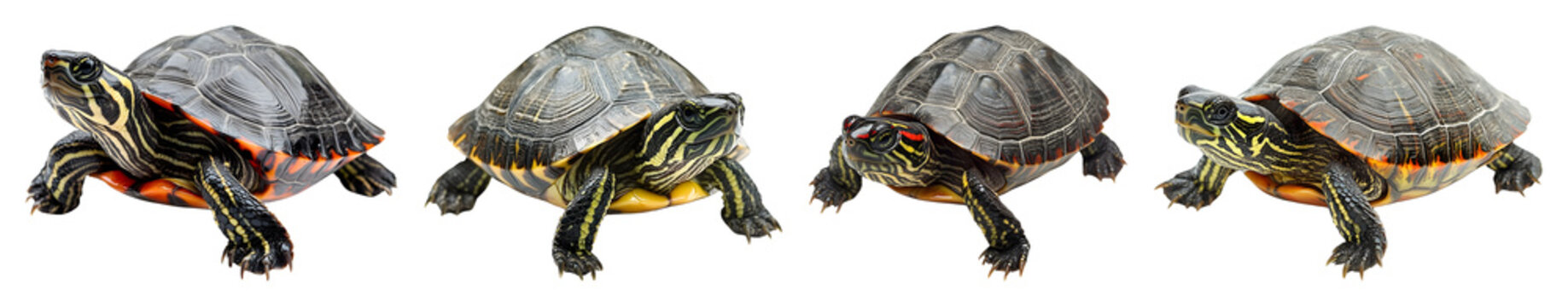 Four Painted Turtles Are Positioned In A Horizontal Line On A Transparent Background Showcasing Their Shells And Markings