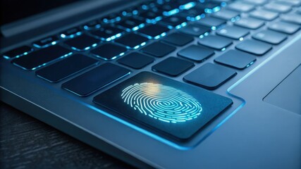 cyber privacy rights concept. Fingerprint sensor on laptop keyboard with blue backlighting.