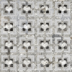 Geometric pattern texture with grunge stone hearts. Stylish floor wall tile heart