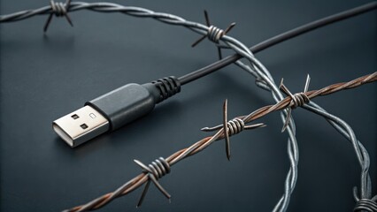 cyber privacy rights concept. USB cable entangled in barbed wire on a dark background.