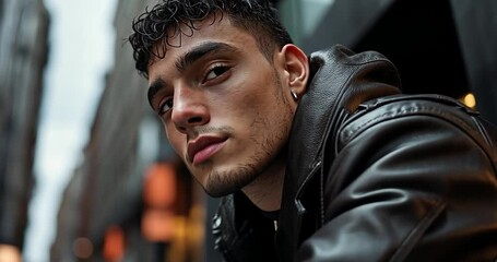 Close-up portrait of a young man with short, dark curly hair wearing a brown leather jacket, set against a blurred urban backdrop. Low-key lighting enhances his features