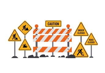 A set of construction signs include worker caution road closed and barrier markers