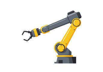 An industrial robot arm is displayed featuring yellow and gray parts with a clawlike gripper