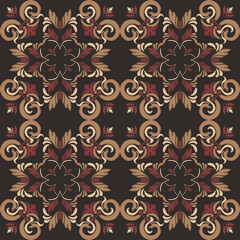Seamless vintage damask floral tile design in brown and earthy tones, perfect for textile prints and home decor.