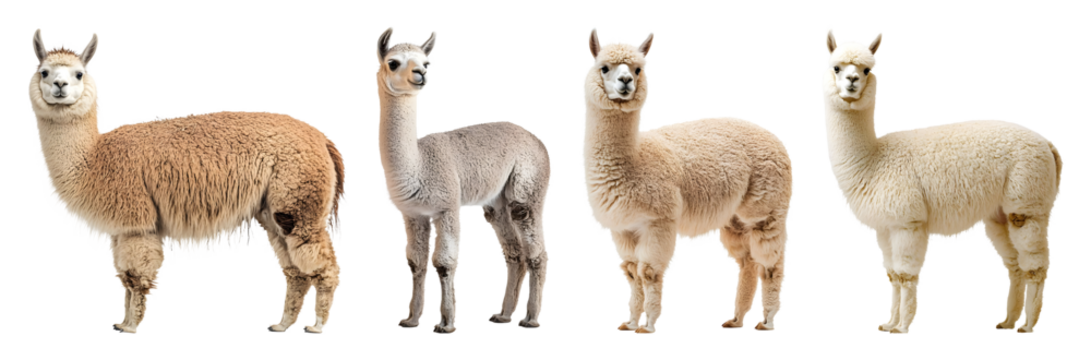 Four Alpacas In Various Colors Stand Against A Transparent Background Showcasing Their Wooly Fleece And Distinct Appearances