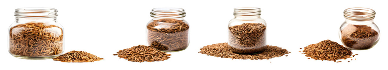Four Glass Jars Filled With Brown Cumin Seeds Arranged Next To Piles Of Spices On A Transparent Background Ready To Isolate