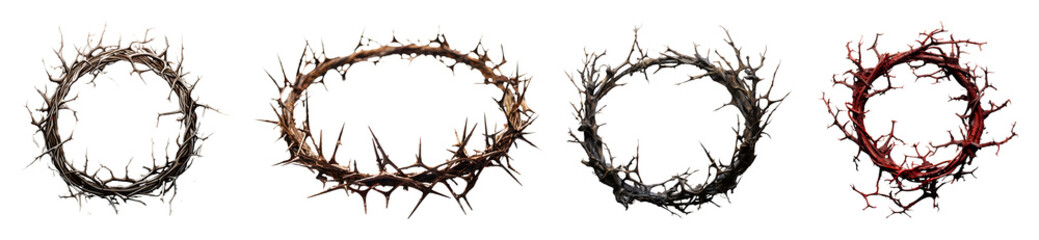 Four Stylized Crowns Of Thorns In Various Colors Isolated Against A Transparent Background Each Crown Has A Unique Texture