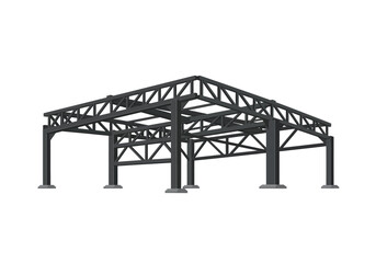Steel frame structure supports trusses beams gray