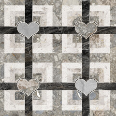 Geometric pattern texture with grunge stone hearts. Stylish floor wall tile heart