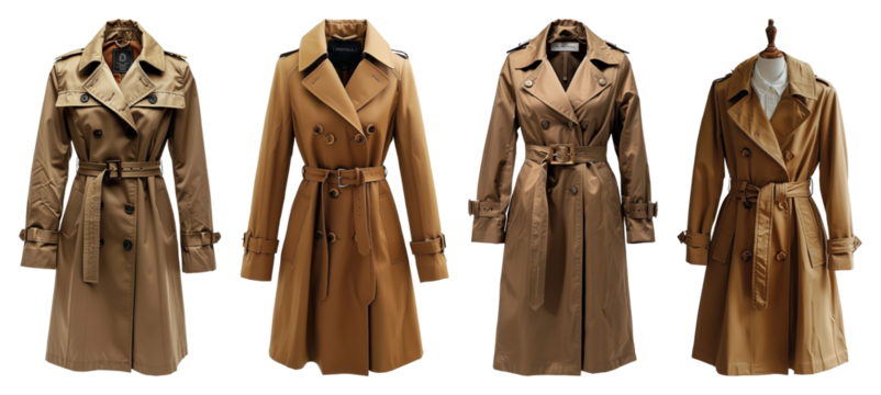 Four Belted Tan Trench Coats Displayed Transparent Background For Product Showcasing And Fashion Layouts