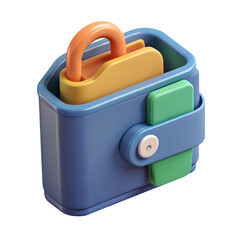 3D illustration of a blue briefcase with colorful folders isolated on Transparent Background