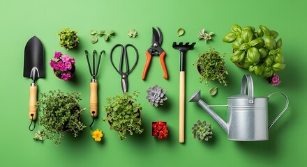 Fototapeta premium Various gardening tools and plants arranged on a vibrant green surface.