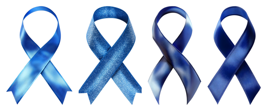 Four different textured royal blue ribbons displayed against a solid black backdrop isolate