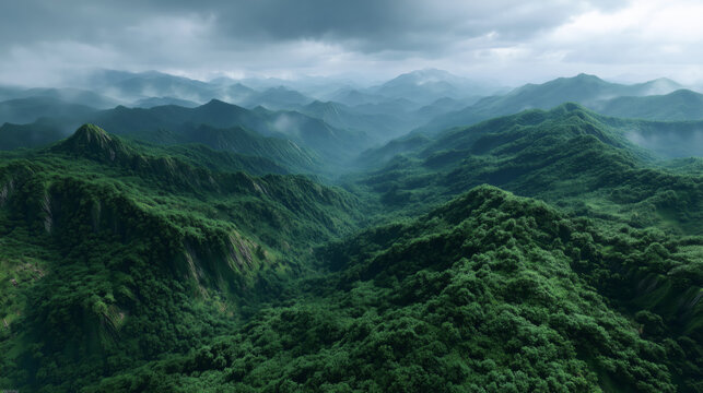Fototapeta Dramatic aerial view of a misty Japanese mountain forest landscape