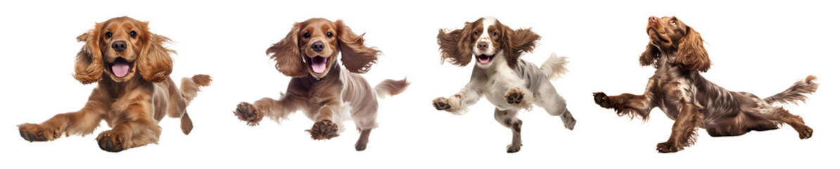Four Spaniels Featuring Brown And White Coats Are Jumping And Running With Excitement On A Transparent Background