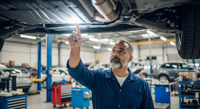Mechanic inspecting under a car in workshop