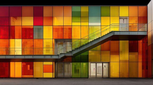Night view of a modern building with a vibrant multicolored glass facade, featuring a metal staircase leading to an entrance with several doors
